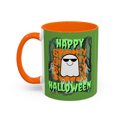 Spooky Happy Halloween Ghost Green font Green Accent Mug by CreepyCrafts.boo