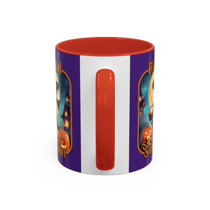 Blessed Samhain Little Witch Orange font Purple Accent Mug by CreepyCrafts.boo