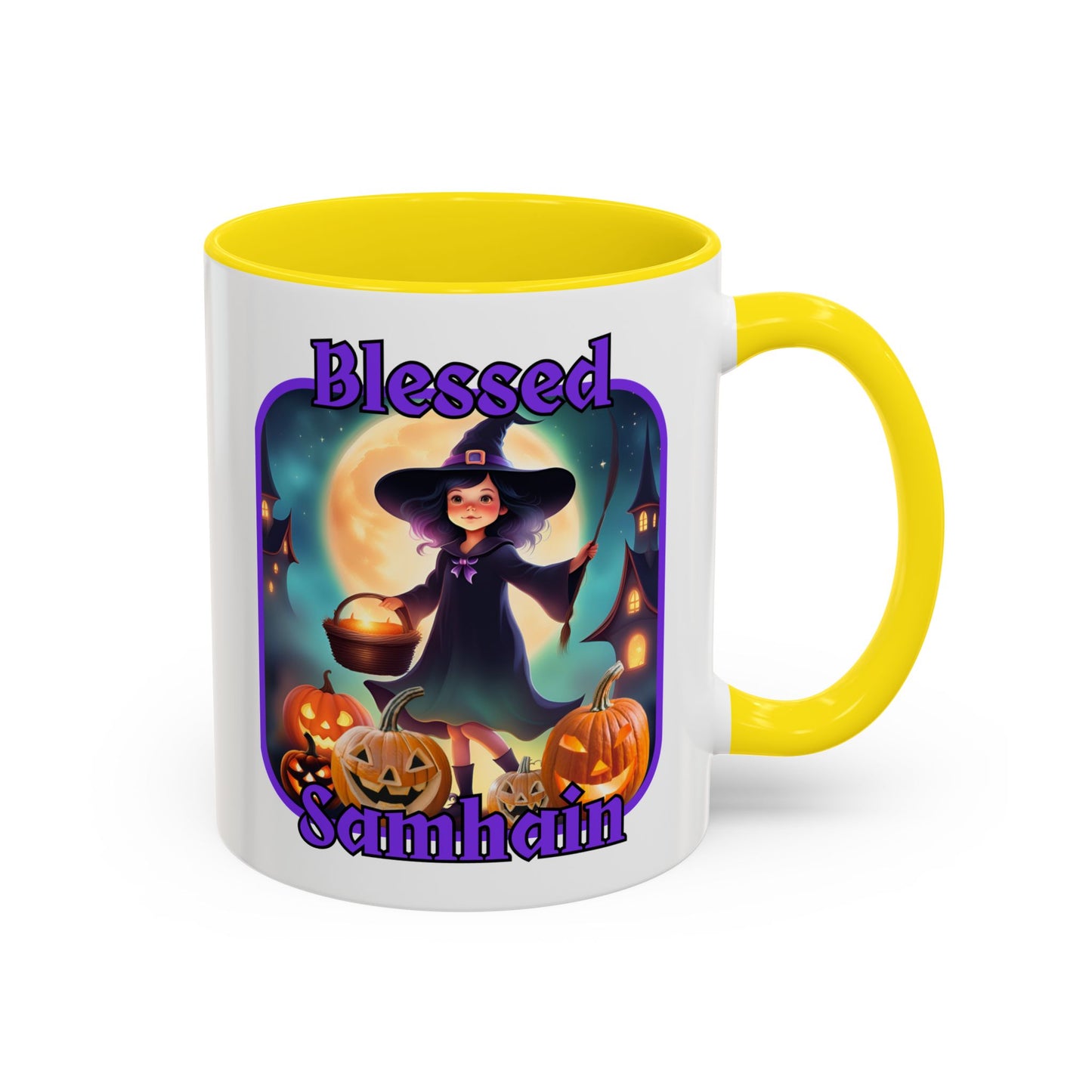 Blessed Samhain Little Witch Purple font White Accent Mug by CreepyCrafts.boo