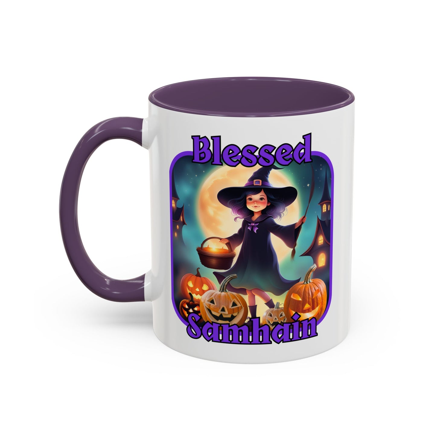 Blessed Samhain Little Witch Purple font White Accent Mug by CreepyCrafts.boo
