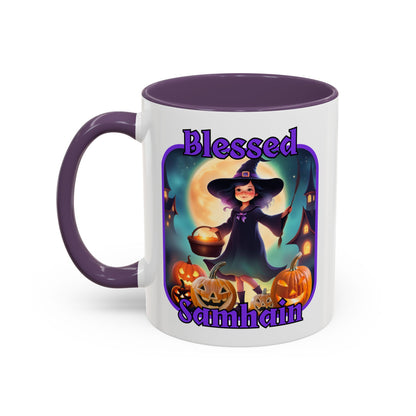 Blessed Samhain Little Witch Purple font White Accent Mug by CreepyCrafts.boo