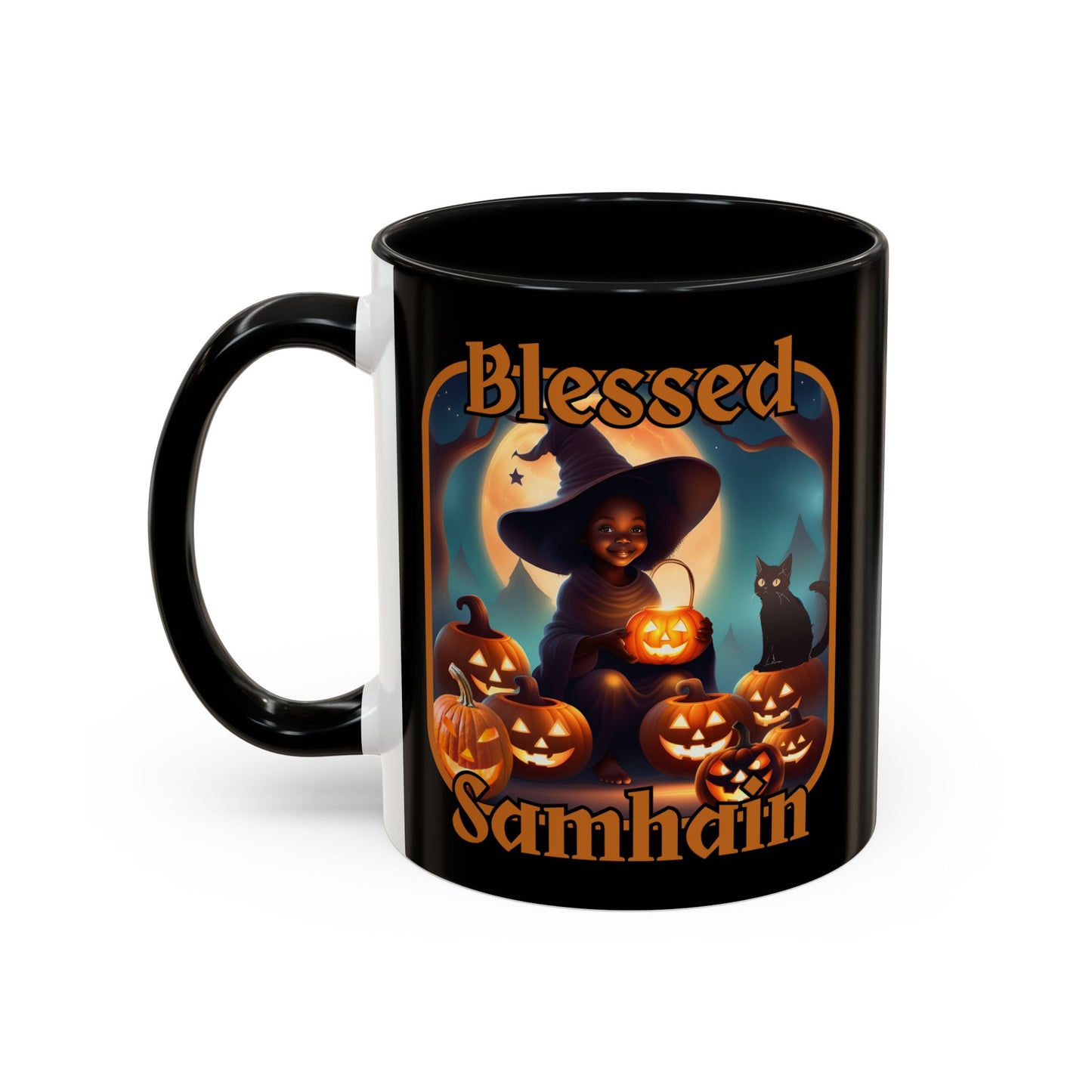 Blessed Samhain Cute Witch Orange font Black Accent Mug by CreepyCrafts.boo
