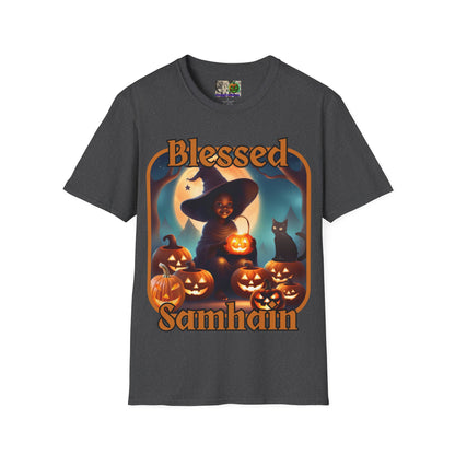 Blessed Samhain Cute Witch Orange font Dark colors Unisex T-Shirt by CreepyCrafts.boo
