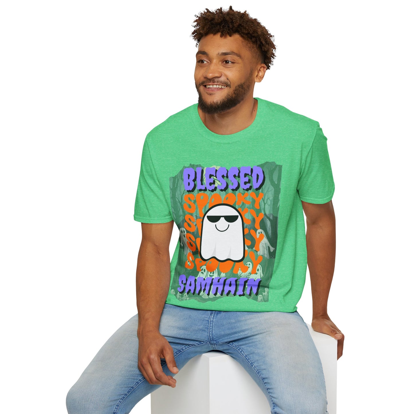 Spooky Blessed Samhain Ghost Purple font Unisex T-Shirt by CreepyCrafts.boo