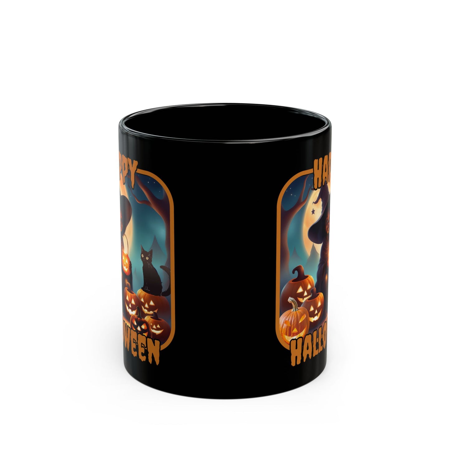 Happy Halloween Cute Witch Orange font Black Mug by CreepyCrafts.boo
