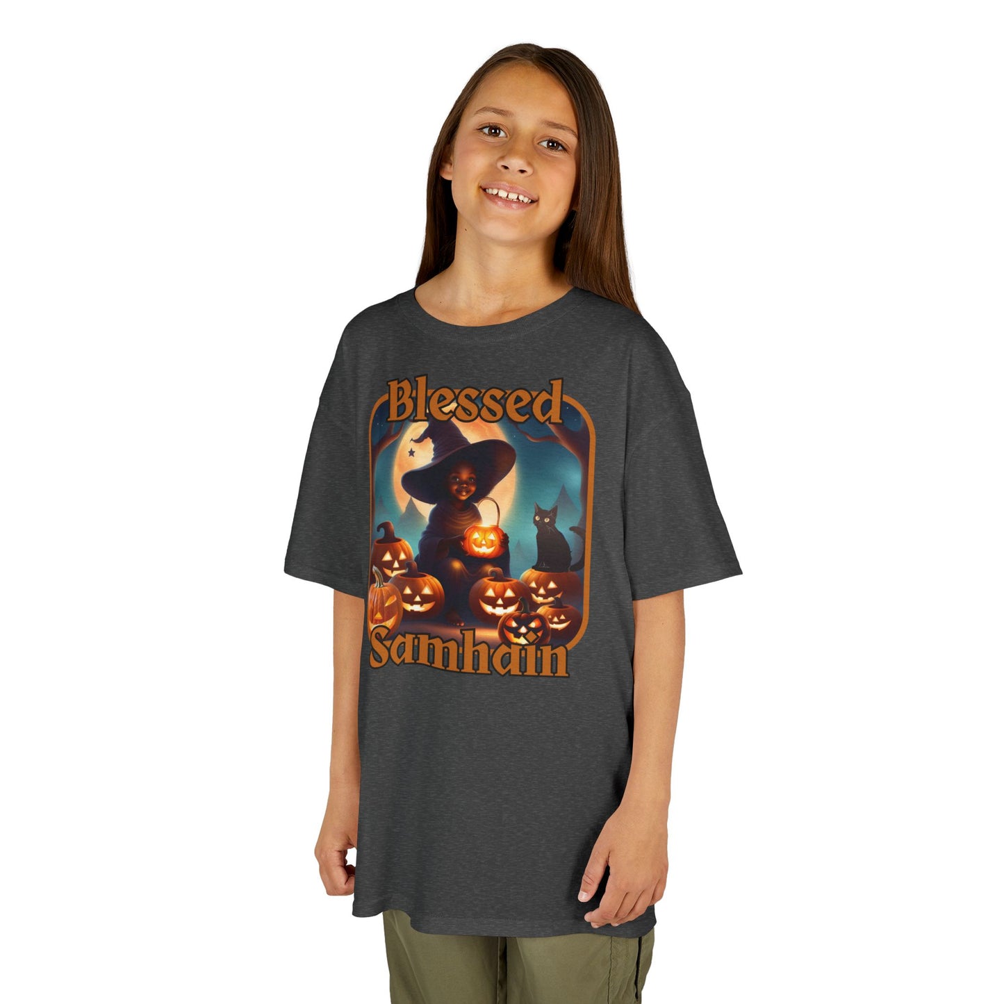 Blessed Samhain Cute Witch Orange font Kids Heavy Cotton™ Tee by CreepyCrafts.boo