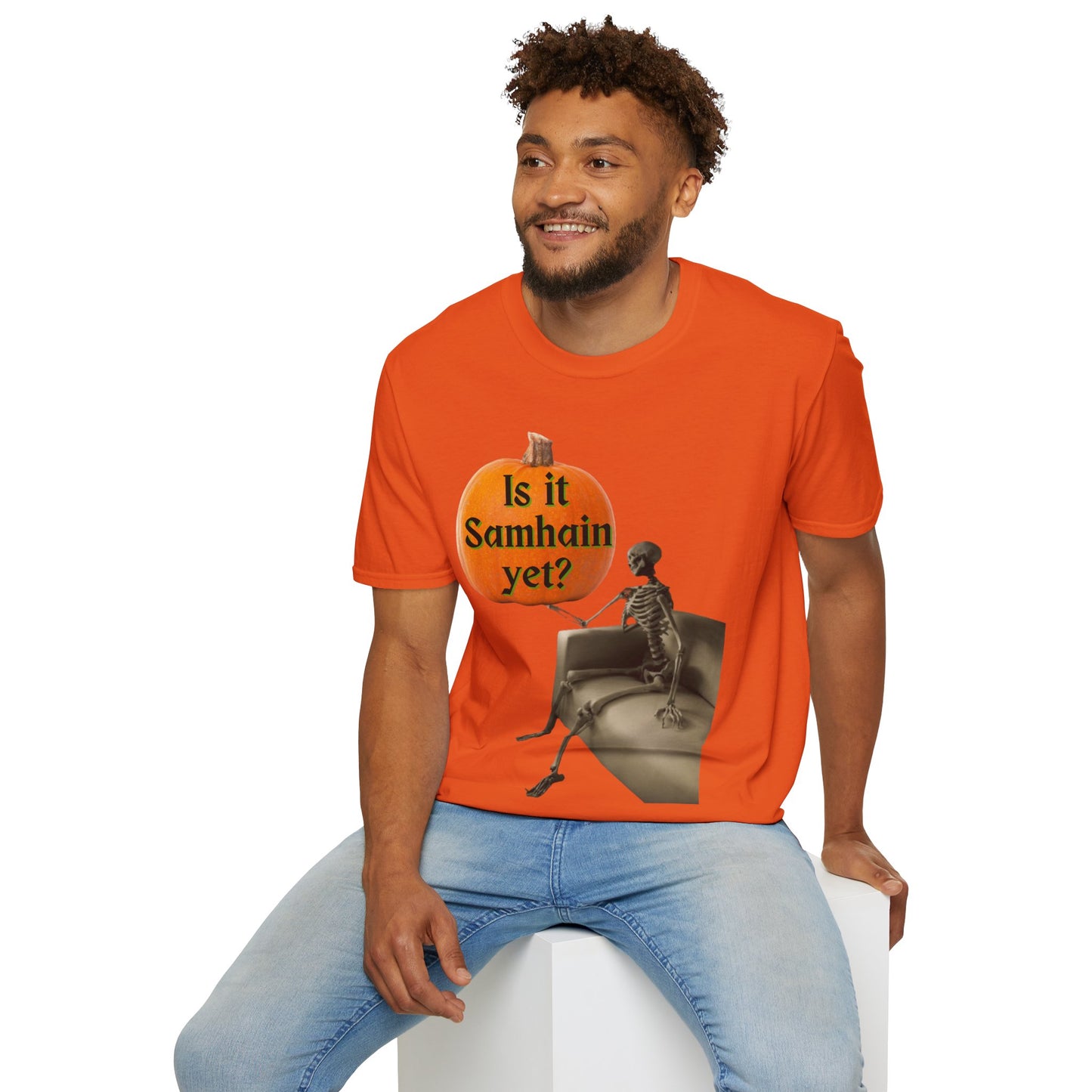 Is it Samhain yet? Skeleton's Pumpkin Light colors Unisex T-Shirt by CreepyCrafts.boo