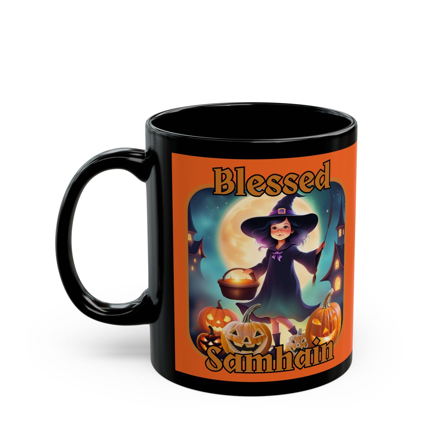 Blessed Samhain Little Witch Orange font Orange Mug by CreepyCrafts.boo