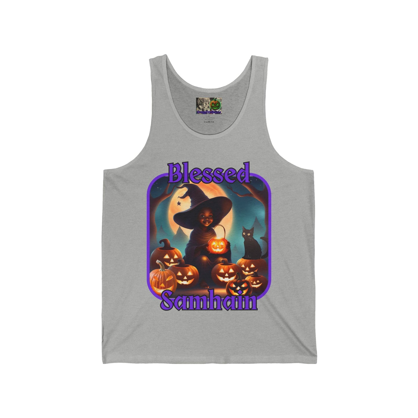 Blessed Samhain Cute Witch Purple font Unisex Jersey Tank Top by CreepyCrafts.boo