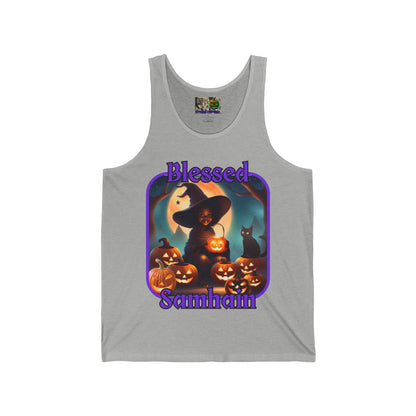 Blessed Samhain Cute Witch Purple font Unisex Jersey Tank Top by CreepyCrafts.boo