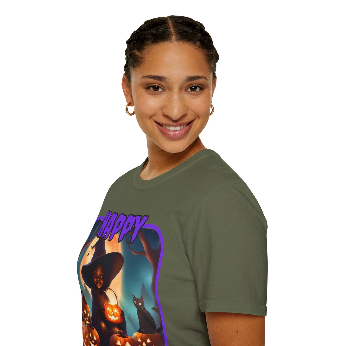 Happy Halloween Cute Witch Purple font Dark colors Unisex T-Shirt by CreepyCrafts.boo