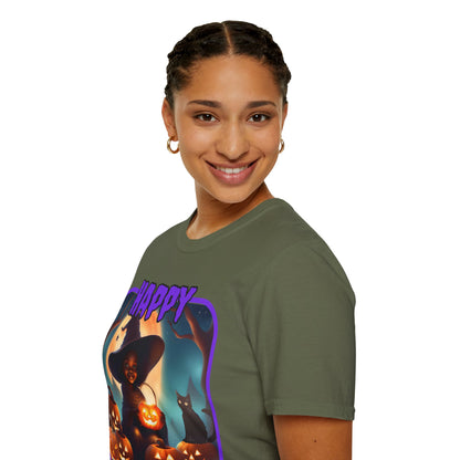 Happy Halloween Cute Witch Purple font Dark colors Unisex T-Shirt by CreepyCrafts.boo