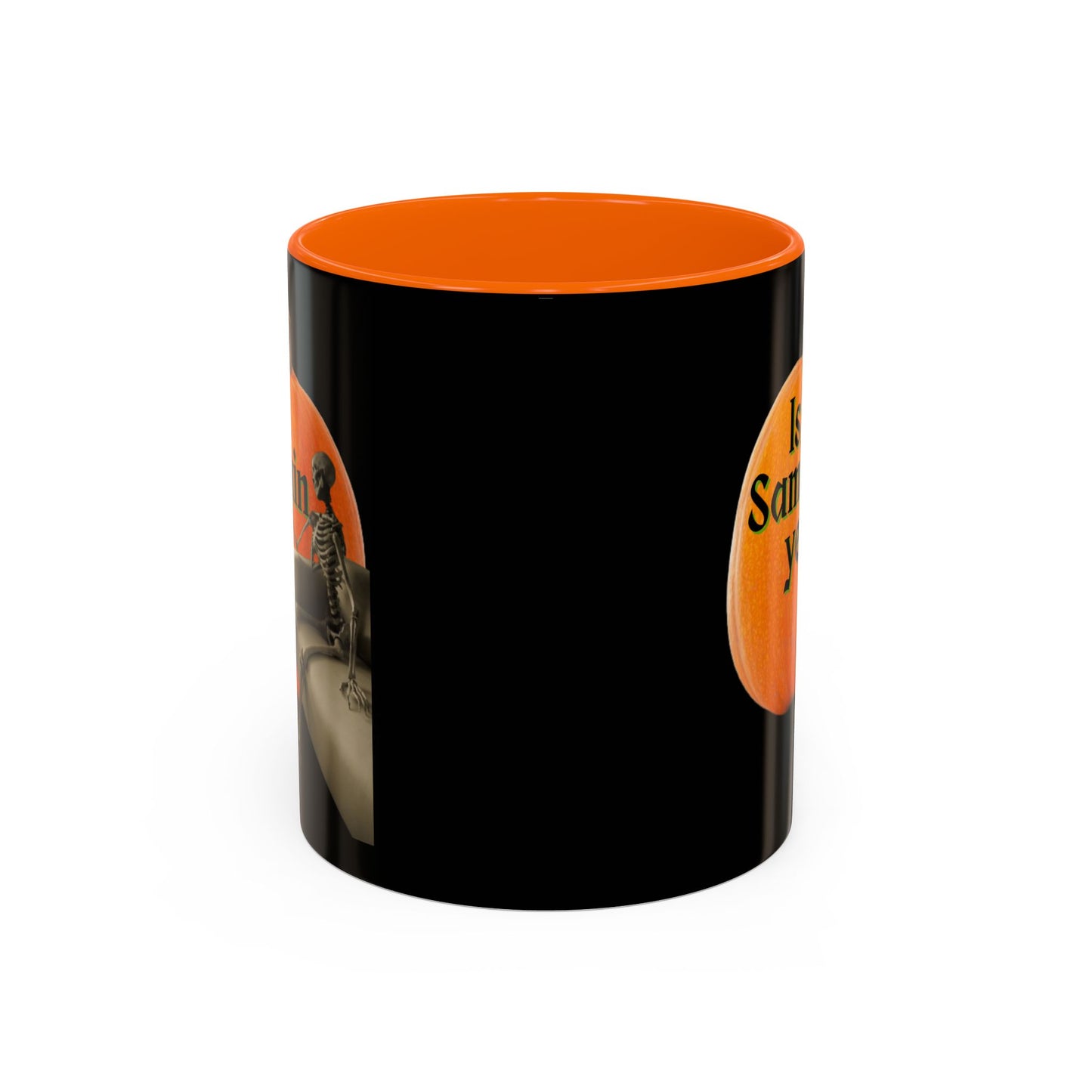 Is It Samhain Yet? Skeleton's Giant Pumpkin Black Accent Mug by CreepyCrafts.boo
