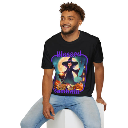 Blessed Samhain Little Witch Purple font Dark colors Unisex T-Shirt by CreepyCrafts.boo