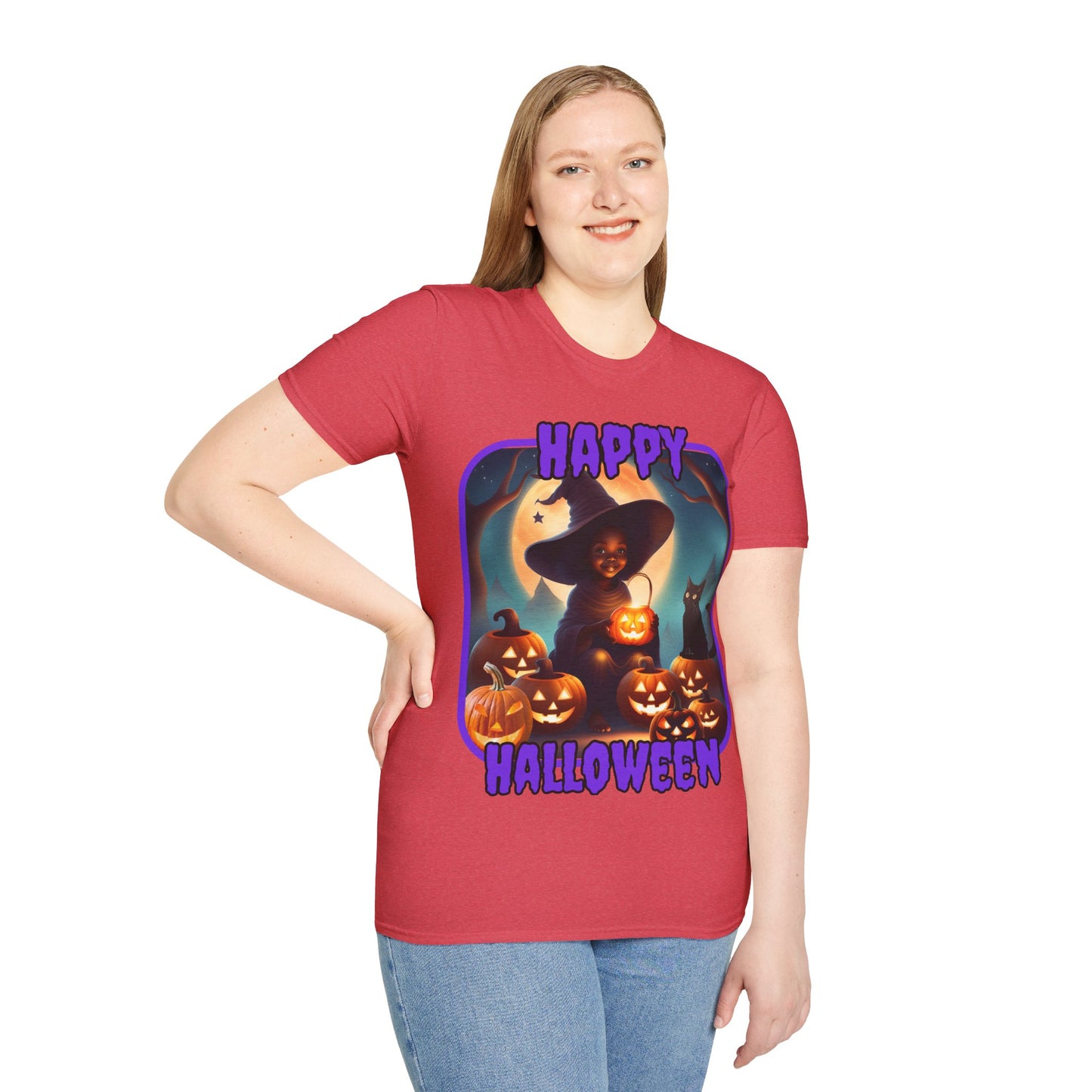 Happy Halloween Cute Witch Purple font Light colors Unisex T-Shirt by CreepyCrafts.boo