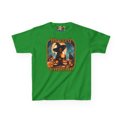 Blessed Samhain Cute Witch Orange font Kids Heavy Cotton™ Tee by CreepyCrafts.boo