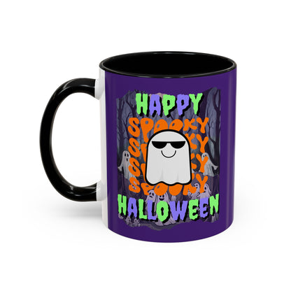 Spooky Happy Halloween Ghost Mixed font Purple Accent Mug by CreepyCrafts.boo