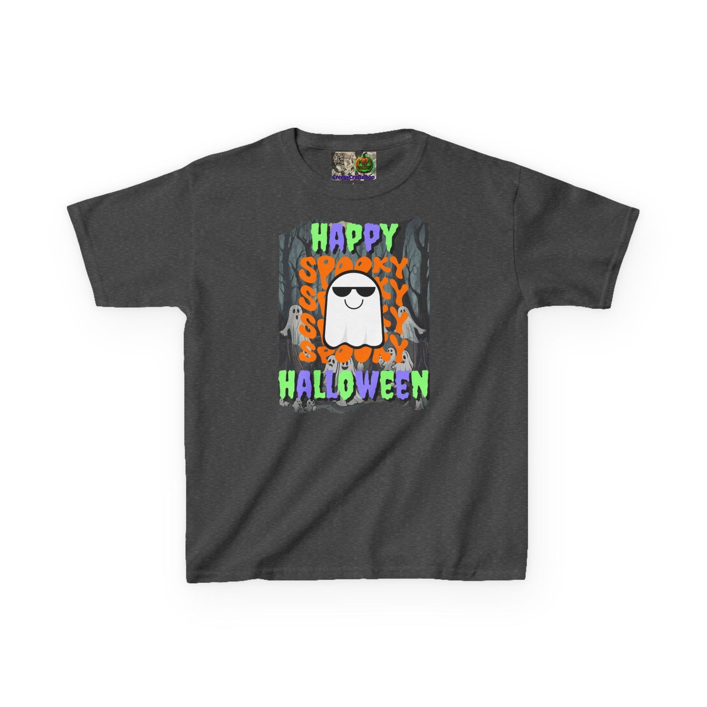 Spooky Happy Halloween Ghost Mixed font Kids Heavy Cotton™ Tee by CreepyCrafts.boo