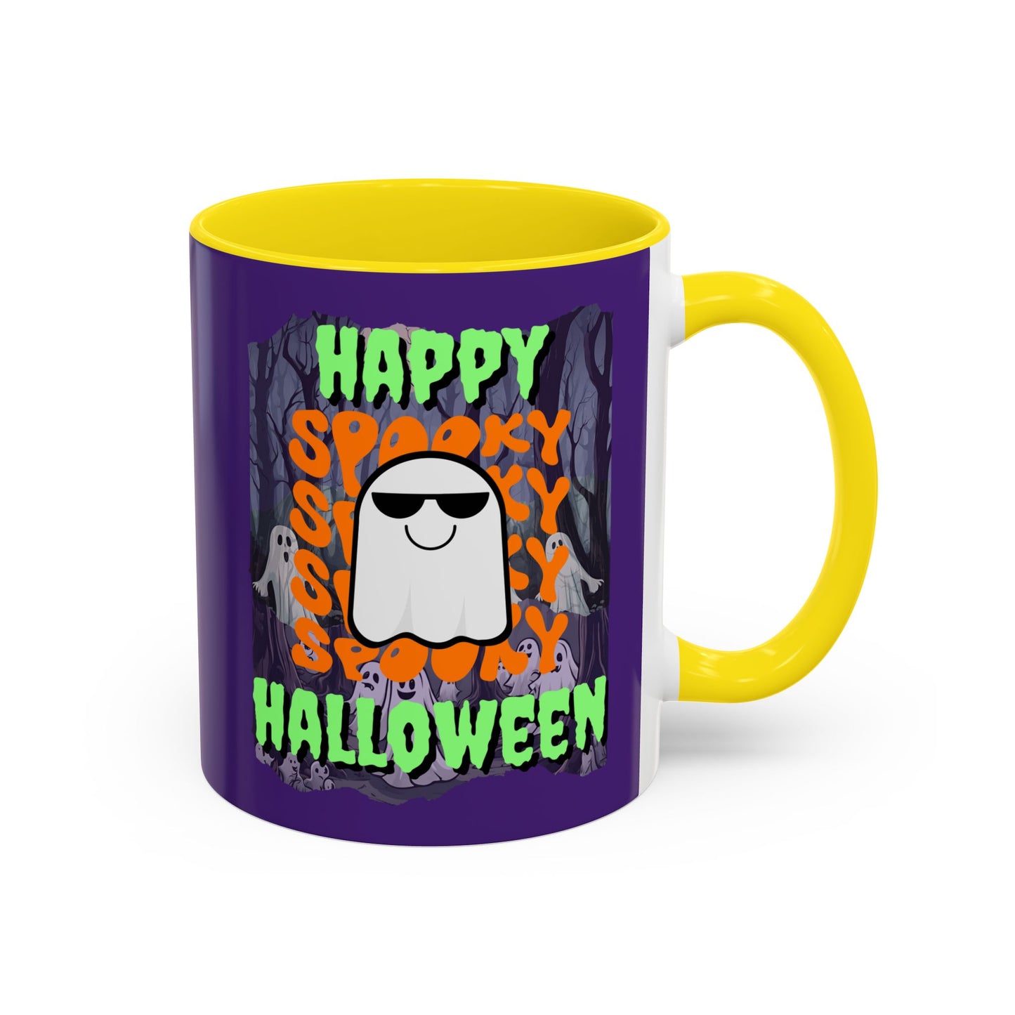 Spooky Happy Halloween Ghost Green font Purple Accent Mug by CreepyCrafts.boo