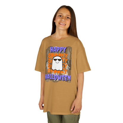 Spooky Happy Halloween Ghost Purple font Kids Heavy Cotton™ Tee by CreepyCrafts.boo