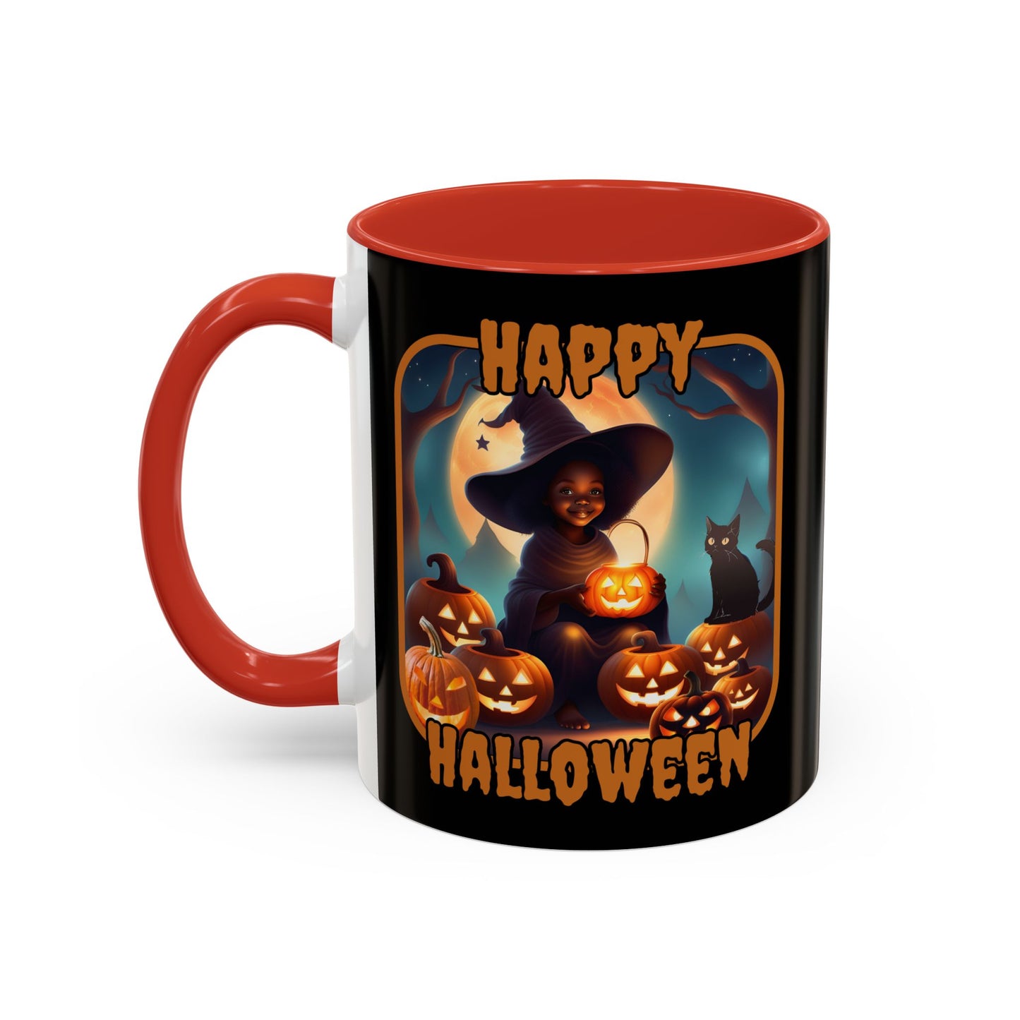 Happy Halloween Cute Witch Orange font Black Accent Mug by CreepyCrafts.boo