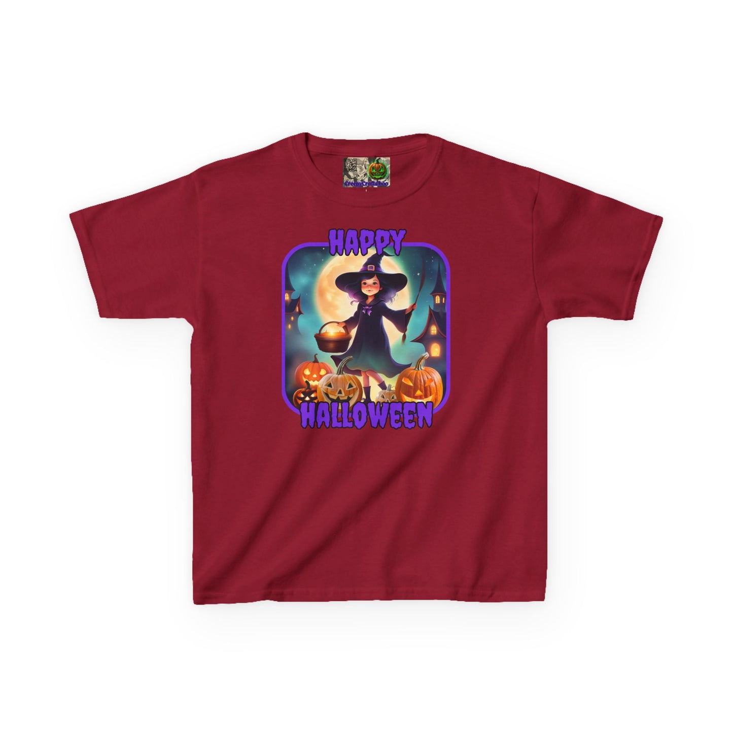 Happy Halloween Little Witch Purple font Kids Heavy Cotton™ Tee by CreepyCrafts.boo
