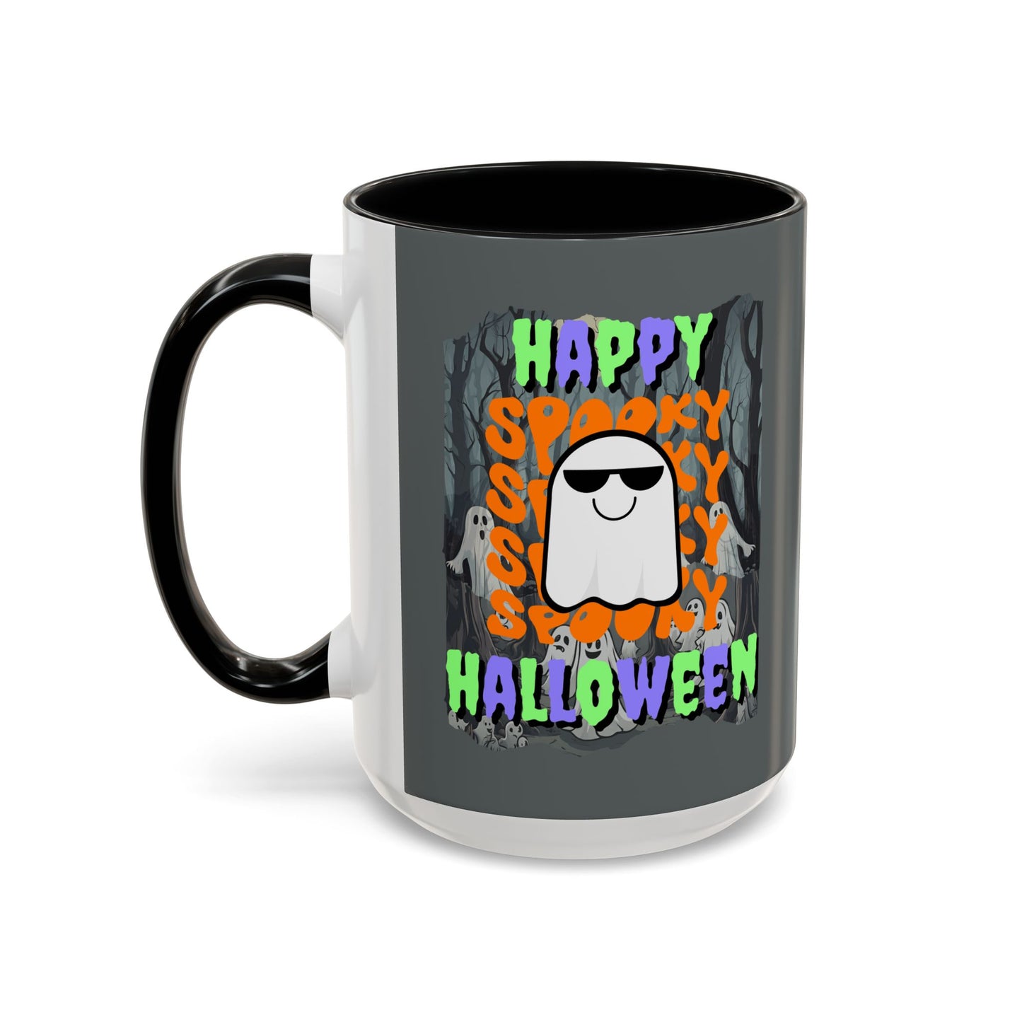 Spooky Happy Halloween Ghost Mixed font Grey Accent Mug by CreepyCrafts.boo