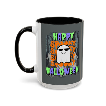 Spooky Happy Halloween Ghost Mixed font Grey Accent Mug by CreepyCrafts.boo