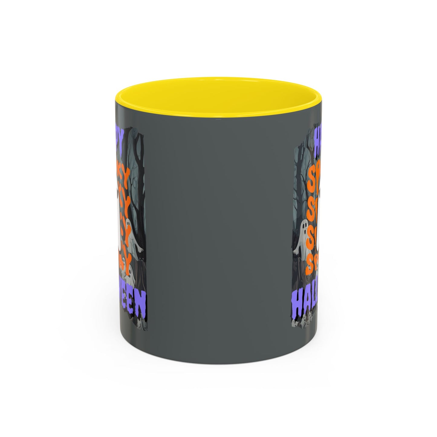 Spooky Happy Halloween Ghost Purple font Grey Accent Mug by CreepyCrafts.boo