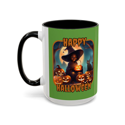 Happy Halloween Cute Witch Orange font Green Accent Mug by CreepyCrafts.boo