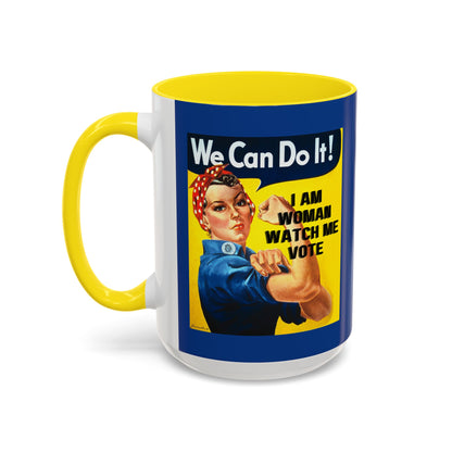 I Am Woman Watch Me Vote Rosie Dark Blue Accent Mug by cypherpunkgear.com