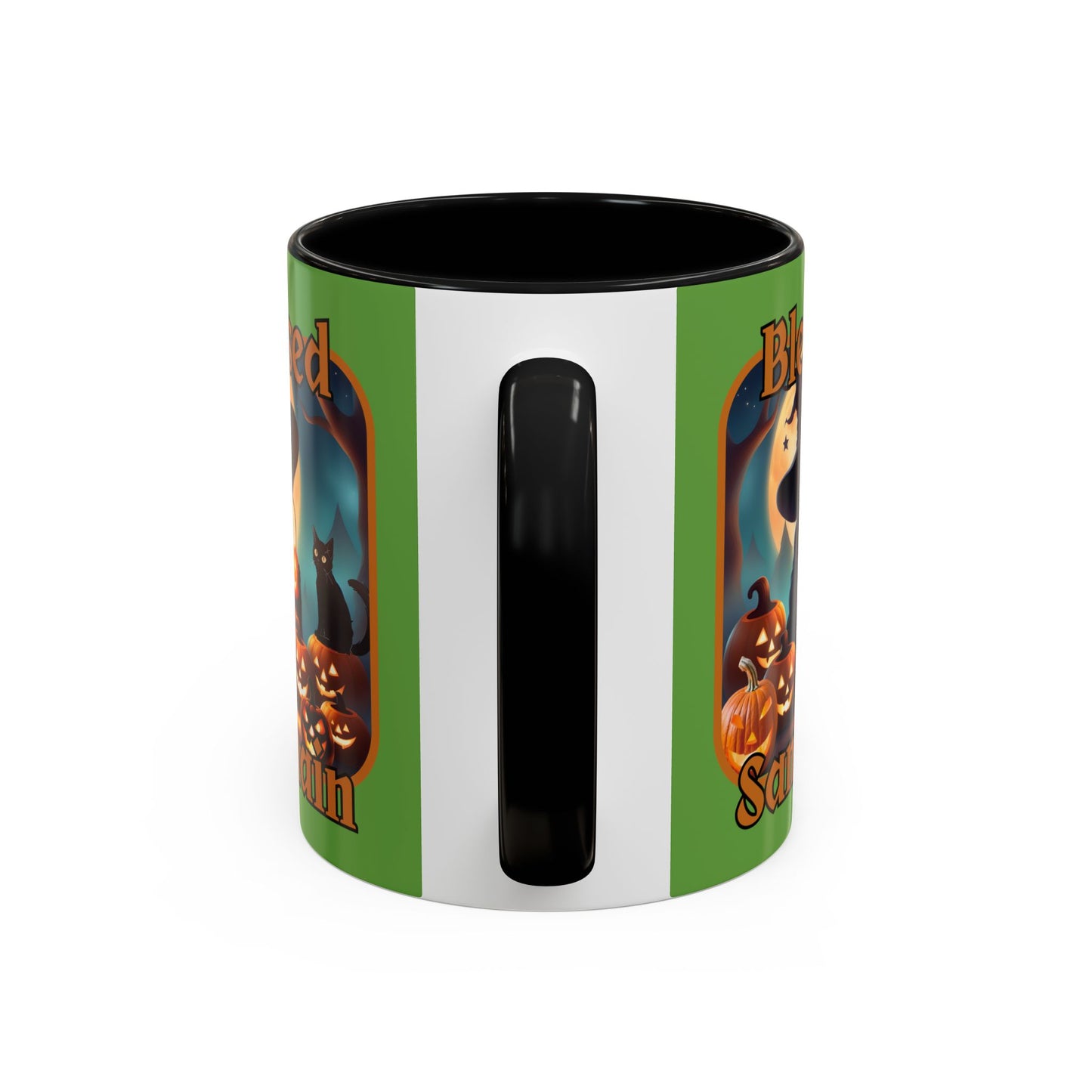 Blessed Samhain Cute Witch Orange font Green Accent Mug by CreepyCrafts.boo