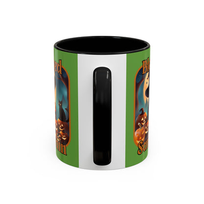 Blessed Samhain Cute Witch Orange font Green Accent Mug by CreepyCrafts.boo