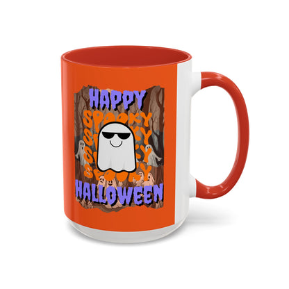Spooky Happy Halloween Ghost Purple font Orange Accent Mug by CreepyCrafts.boo