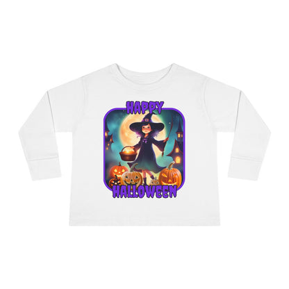 Happy Halloween Little Witch Purple font Toddler Long Sleeve Tee by CreepyCrafts.boo