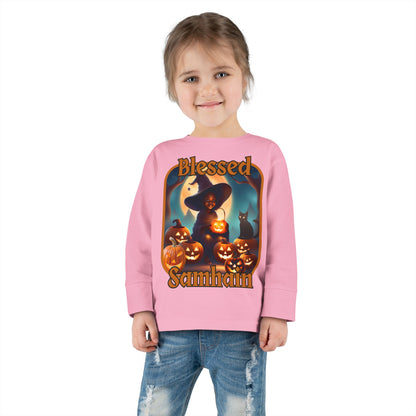 Blessed Samhain Cute Witch Orange font Toddler Long Sleeve Tee by CreepyCrafts.boo