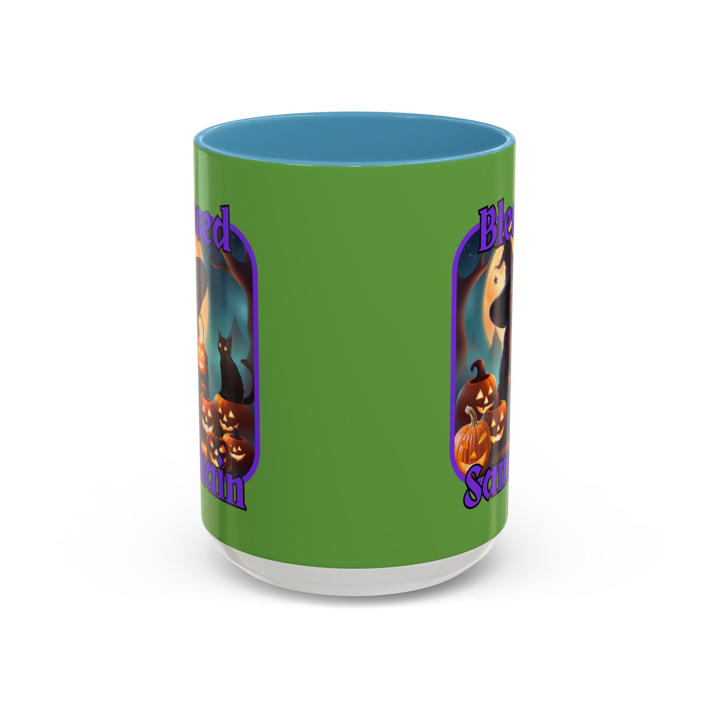 Blessed Samhain Cute Witch Purple font Green Accent Mug by CreepyCrafts.boo