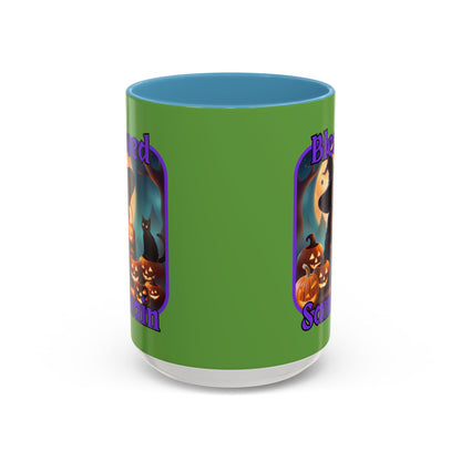Blessed Samhain Cute Witch Purple font Green Accent Mug by CreepyCrafts.boo