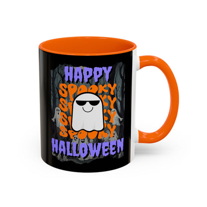 Spooky Happy Halloween Ghost Purple font Black Accent Mug by CreepyCrafts.boo