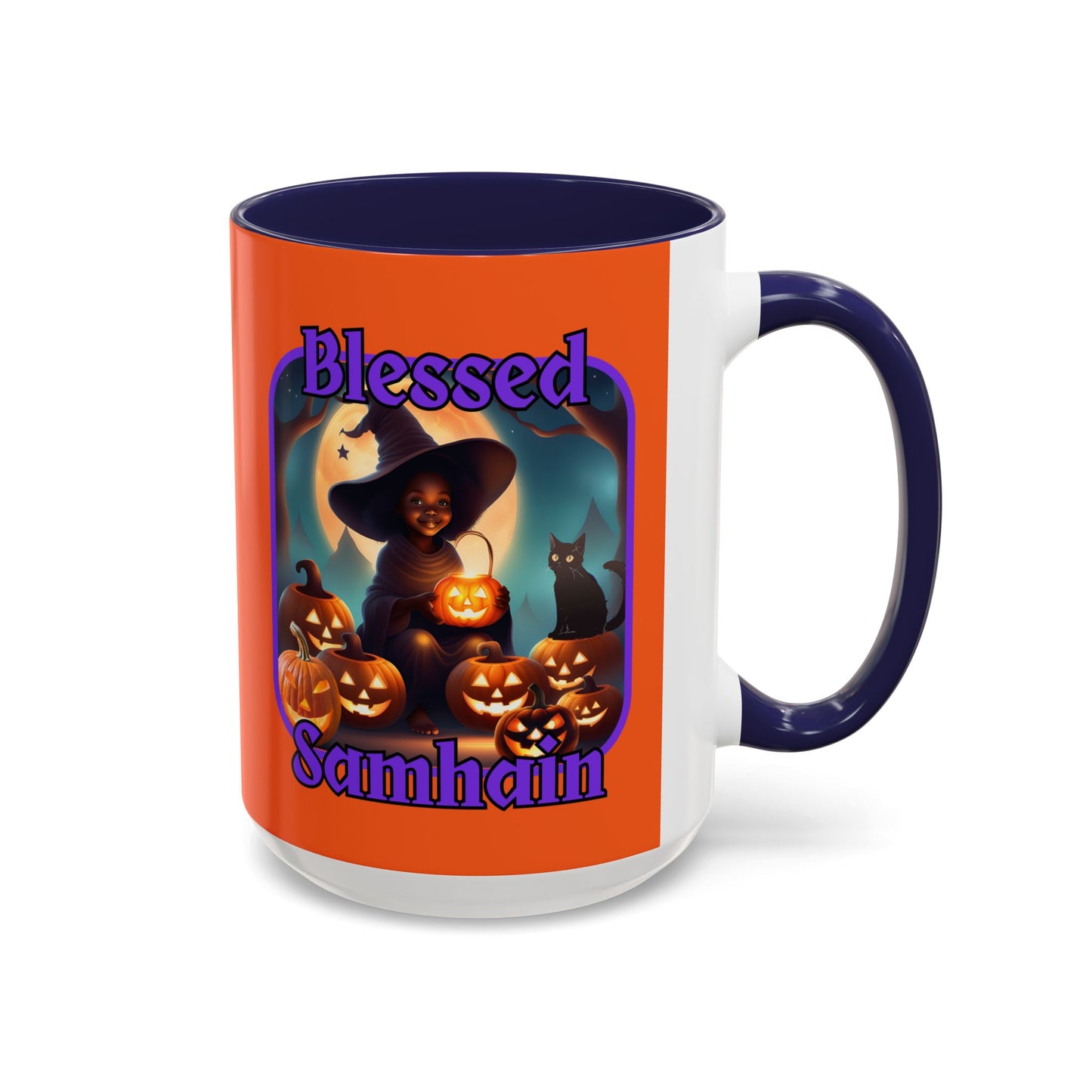 Blessed Samhain Cute Witch Purple font Orange Accent Mug by CreepyCrafts.boo