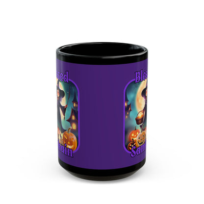 Blessed Samhain Little Witch Purple font Purple Mug by CreepyCrafts.boo