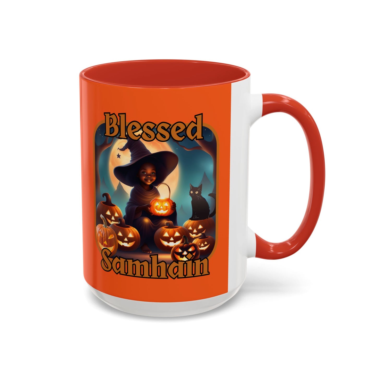 Blessed Samhain Cute Witch Orange font Orange Accent Mug by CreepyCrafts.boo