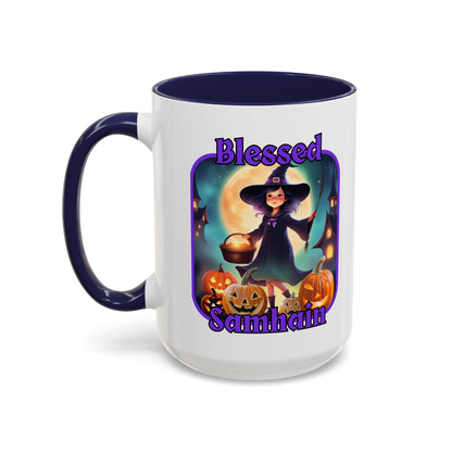 Blessed Samhain Little Witch Purple font White Accent Mug by CreepyCrafts.boo