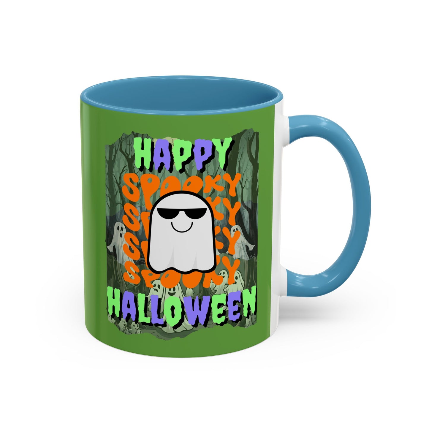 Spooky Happy Halloween Ghost Mixed font Green Accent Mug by CreepyCrafts.boo