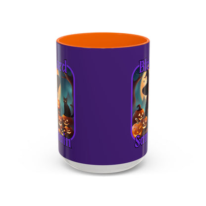 Blessed Samhain Cute Witch Purple font Purple Accent Mug by CreepyCrafts.boo