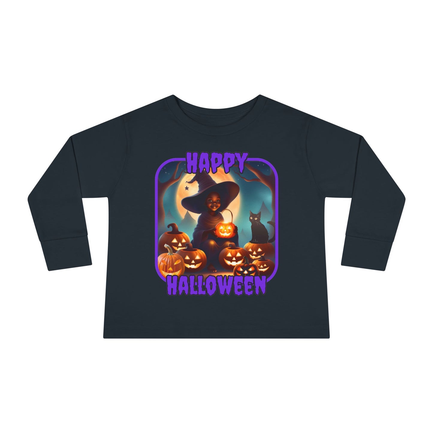 Happy Halloween Cute Witch Purple font Toddler Long Sleeve Tee by CreepyCrafts.boo