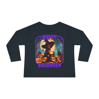 Happy Halloween Cute Witch Purple font Toddler Long Sleeve Tee by CreepyCrafts.boo