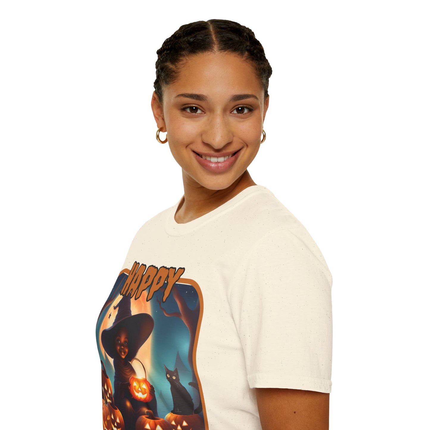 Happy Halloween Cute Witch Orange font, Light colors, Unisex T-Shirt by CreepyCrafts.boo