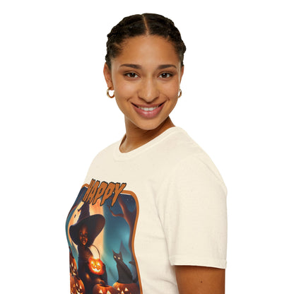 Happy Halloween Cute Witch Orange font, Light colors, Unisex T-Shirt by CreepyCrafts.boo