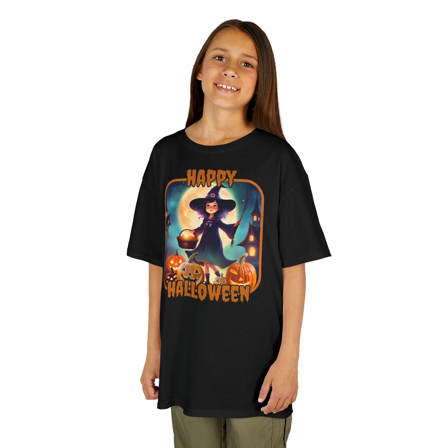 Happy Halloween Little Witch Orange font Kids Heavy Cotton™ Tee by CreepyCrafts.boo